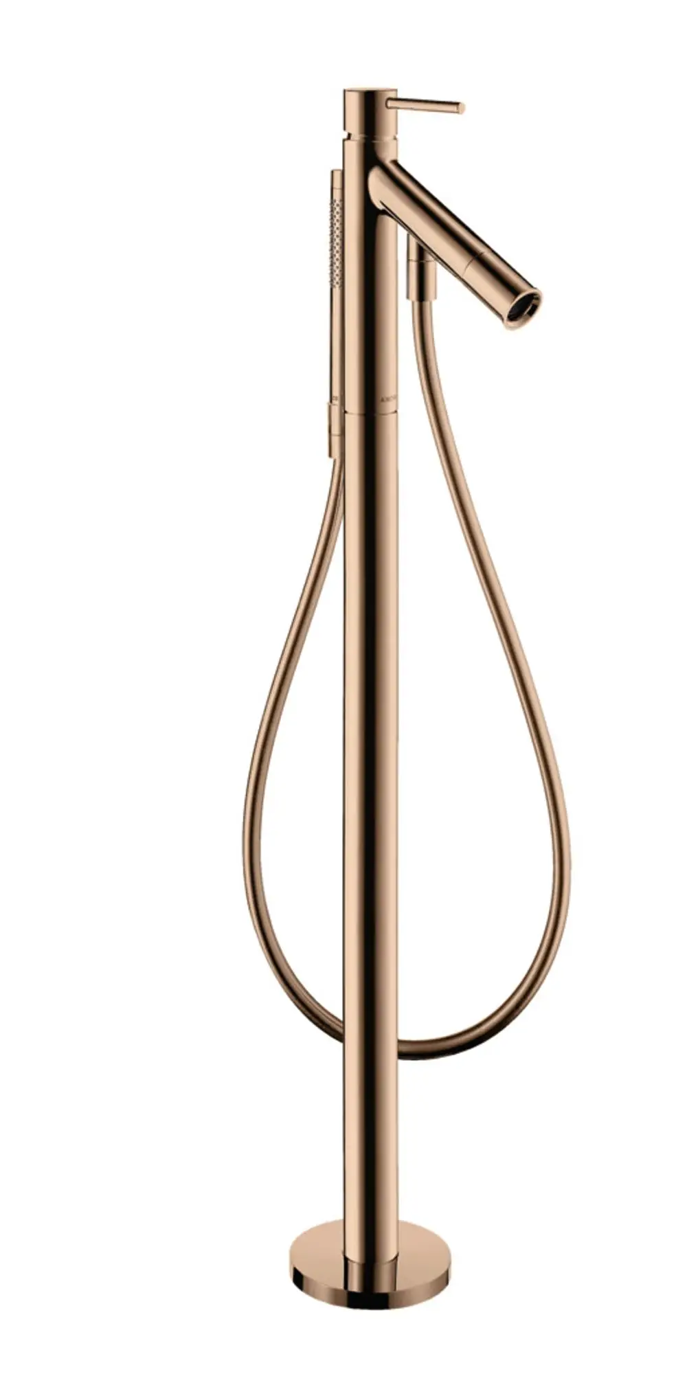 Bodenstehender Einhebel-Wannenmischer in Polished Red Gold von AXOR, ausgestattet mit einem Handbrauseanschluss und einer hohen, schlanken Bauform.